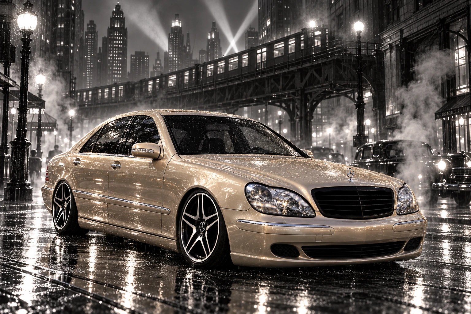 Champagne Mercedes under noir searchlights.