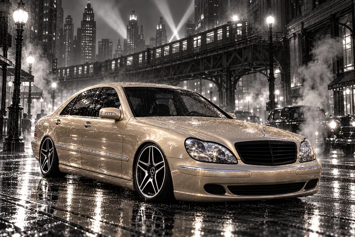 Champagne Mercedes under noir searchlights.