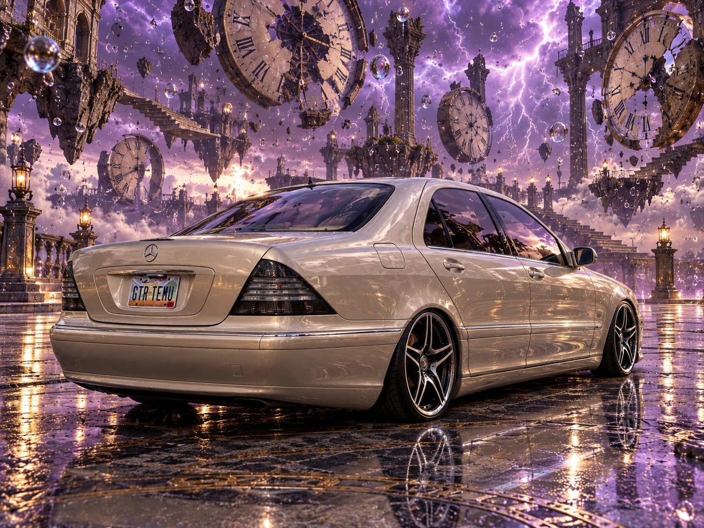 Rear three-quarter view of Allison in a violet landscape of suspended clocks.