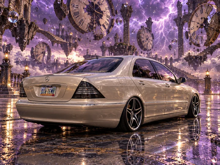 Rear three-quarter view of Allison in a violet landscape of suspended clocks.
