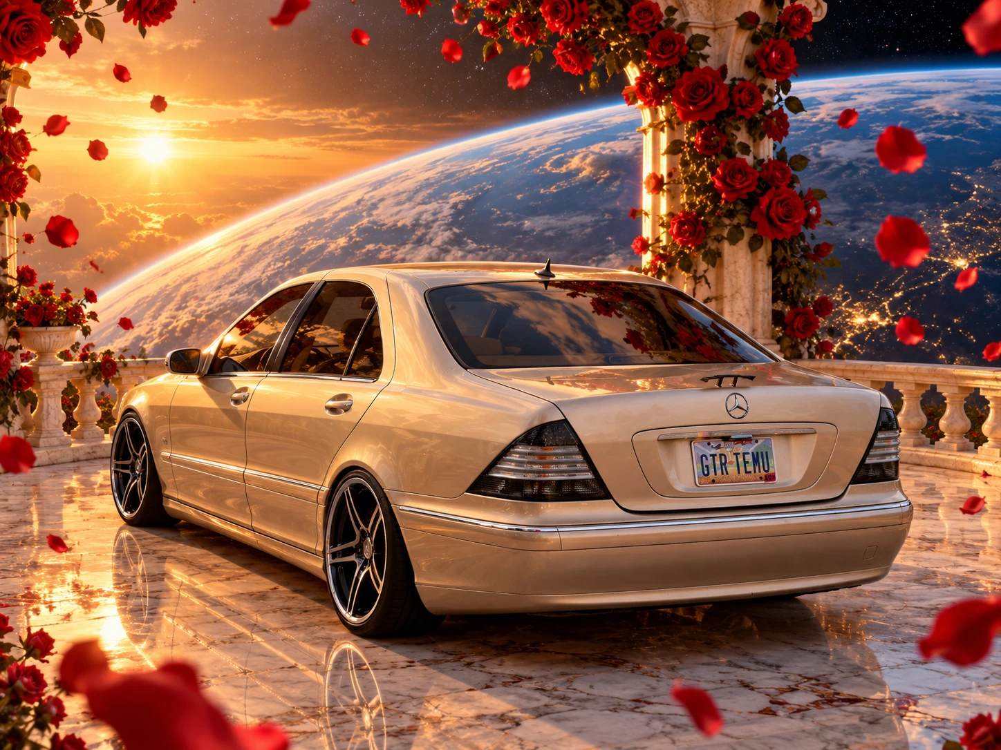 Rear three-quarter view of Allison in a zero-gravity rose garden overlooking a planet.