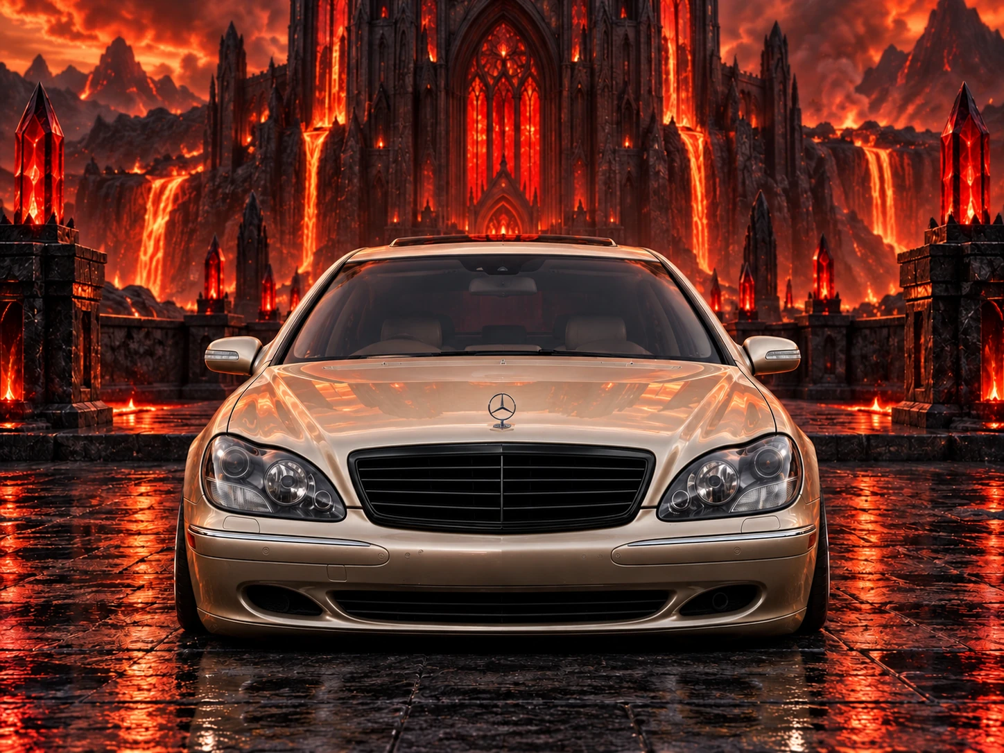 Straight front view of Allison with an all-black grille at an obsidian cathedral.