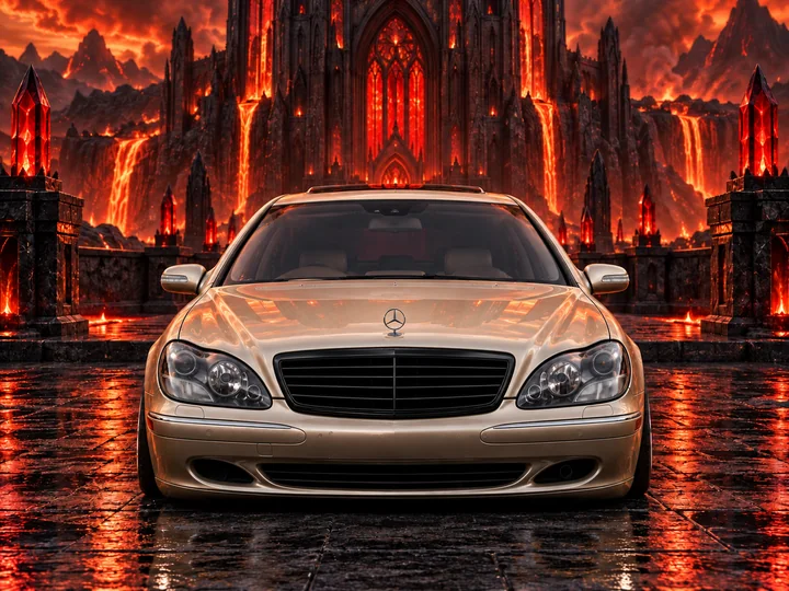 Straight front view of Allison with an all-black grille at an obsidian cathedral.