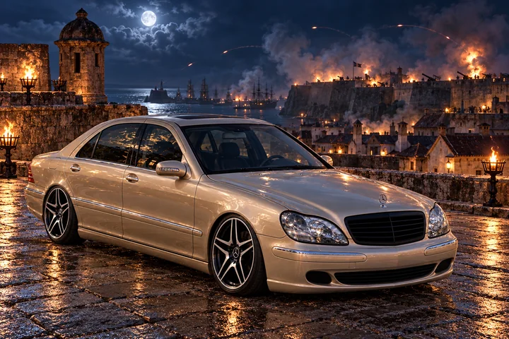 Champagne Mercedes on Moonlit Fort Terrace. Allison, the 2004 Mercedes-Benz S430.
