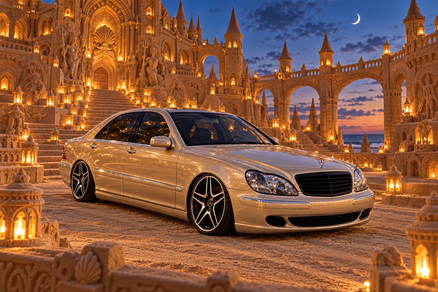 Champagne Mercedes in a Moonlit Sandcastle.