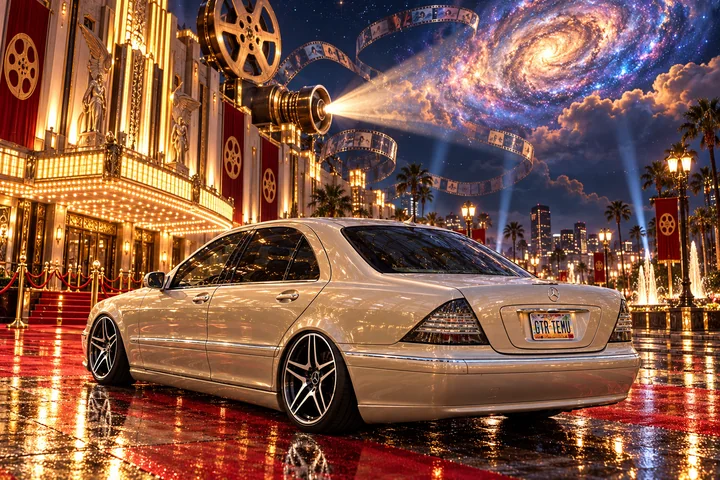 Champagne Mercedes Beneath the Galactic Cinema.