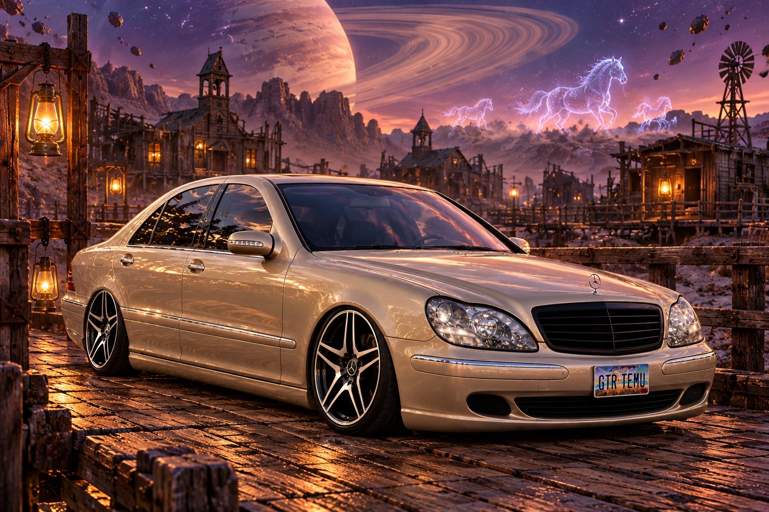 Champagne Mercedes Beneath Saturn’s Rings.