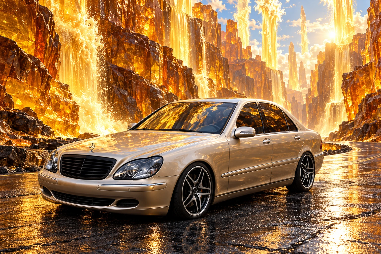 Front three-quarter view of Allison in a glowing amber canyon with golden waterfalls.