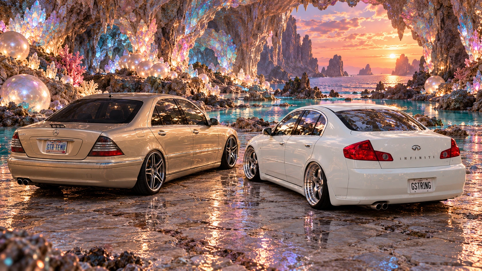 Rear three-quarter view of both cars in a sunset cave filled with iridescent pearls.