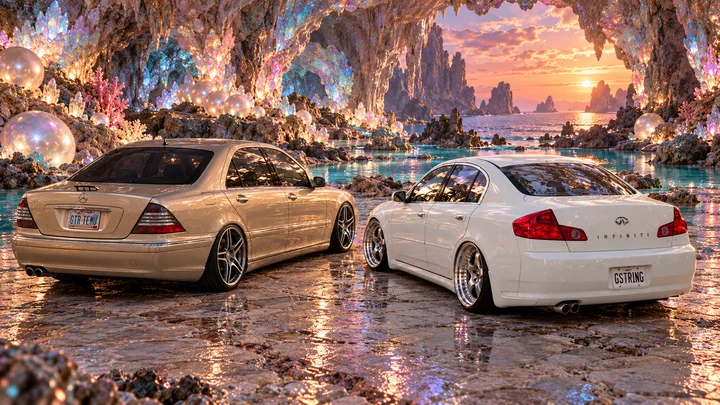 Rear three-quarter view of both cars in a sunset cave filled with iridescent pearls.