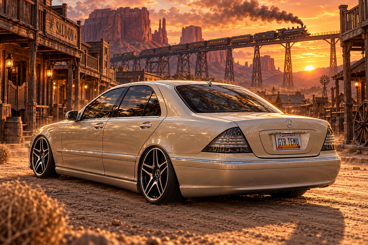 Champagne Mercedes Under Sky Rails.
