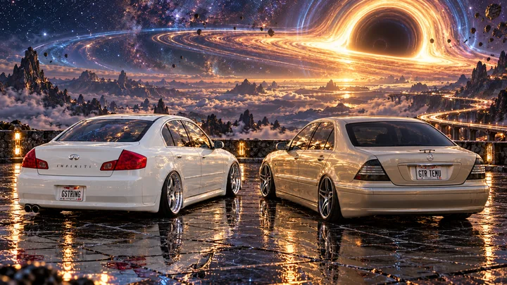 Rear three-quarter view of both cars beside a glowing black hole over a reflective lake.