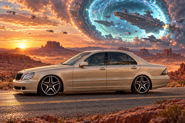 Champagne sedan beneath a cosmic portal. Allison, the 2004 Mercedes-Benz S430.