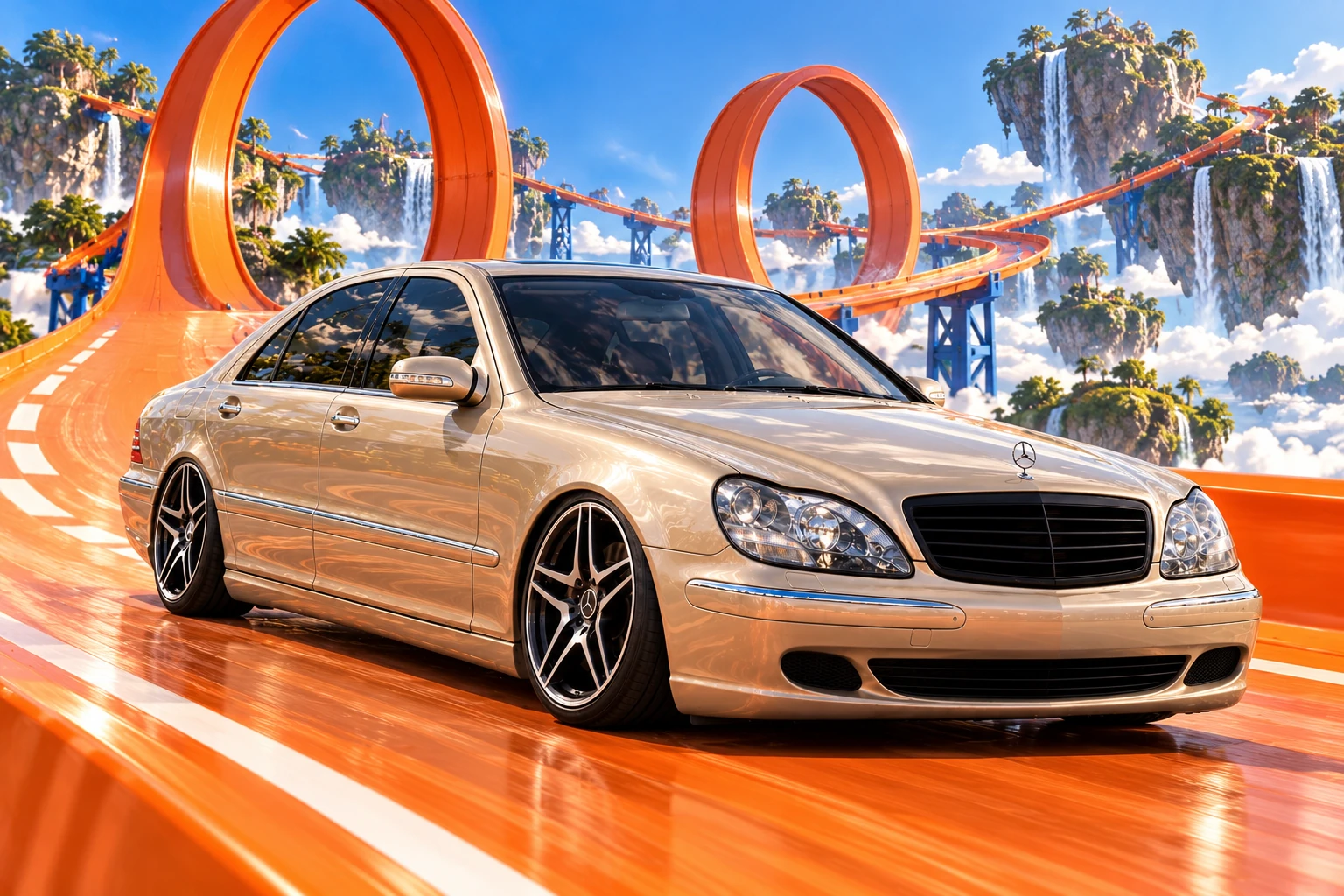 Champagne Mercedes on a Sky-High Toy Track.