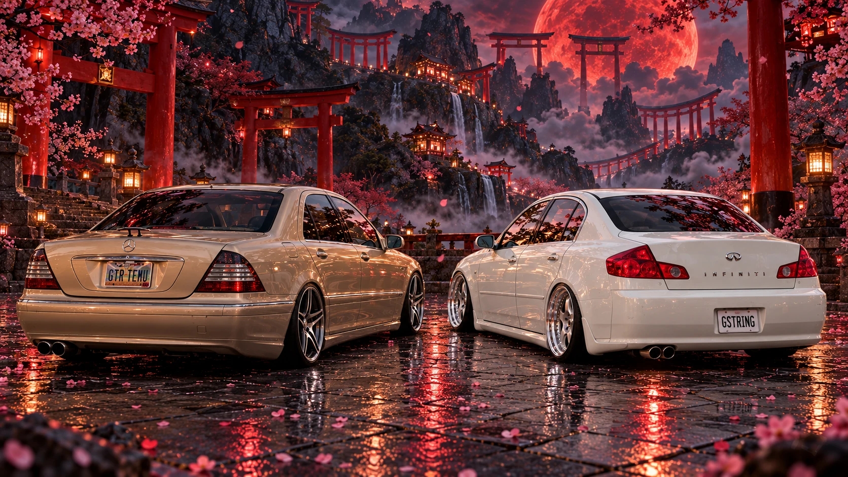 Rear views of both cars on a rain-soaked path beneath crimson torii gates.