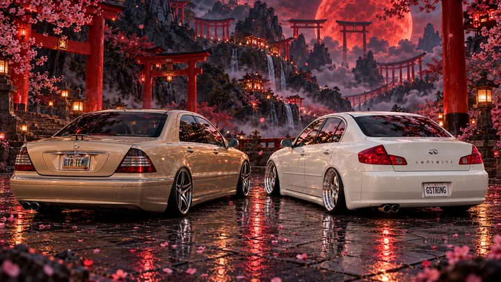 Rear views of both cars on a rain-soaked path beneath crimson torii gates.