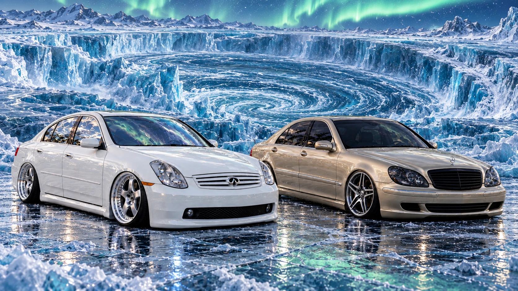 Both cars face forward on clear ice above a frozen vortex under an aurora.