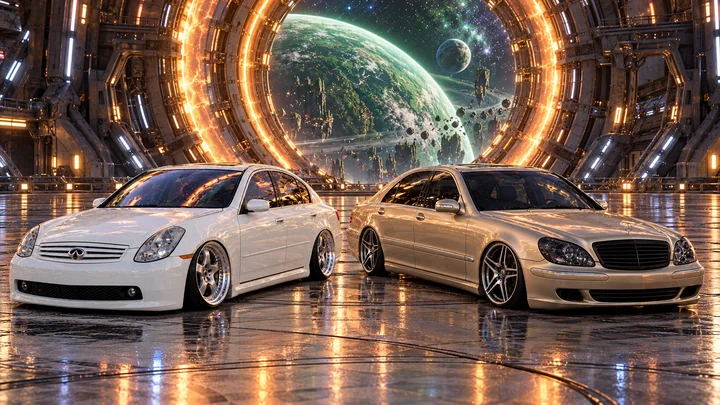 Both cars face forward in a glowing space-station portal chamber.