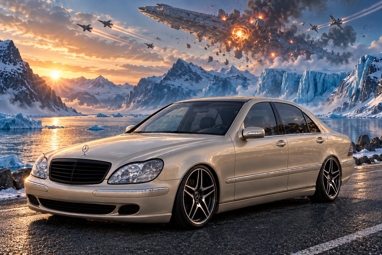 Champagne W220 beside a mountain fjord. Allison, the 2004 Mercedes-Benz S430.