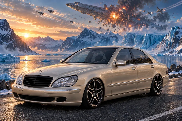 Champagne W220 beside a mountain fjord. Allison, the 2004 Mercedes-Benz S430.