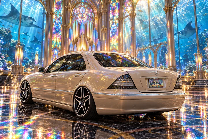 Champagne Mercedes in a rainbow ocean cathedral.