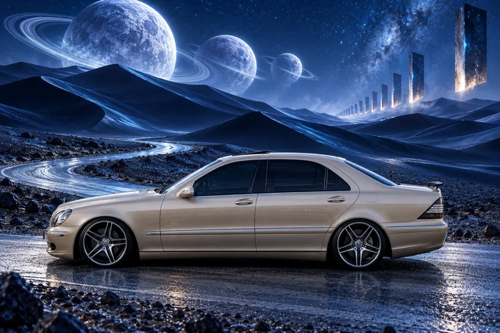 Side profile of Allison in a blue alien desert under three ringed moons.