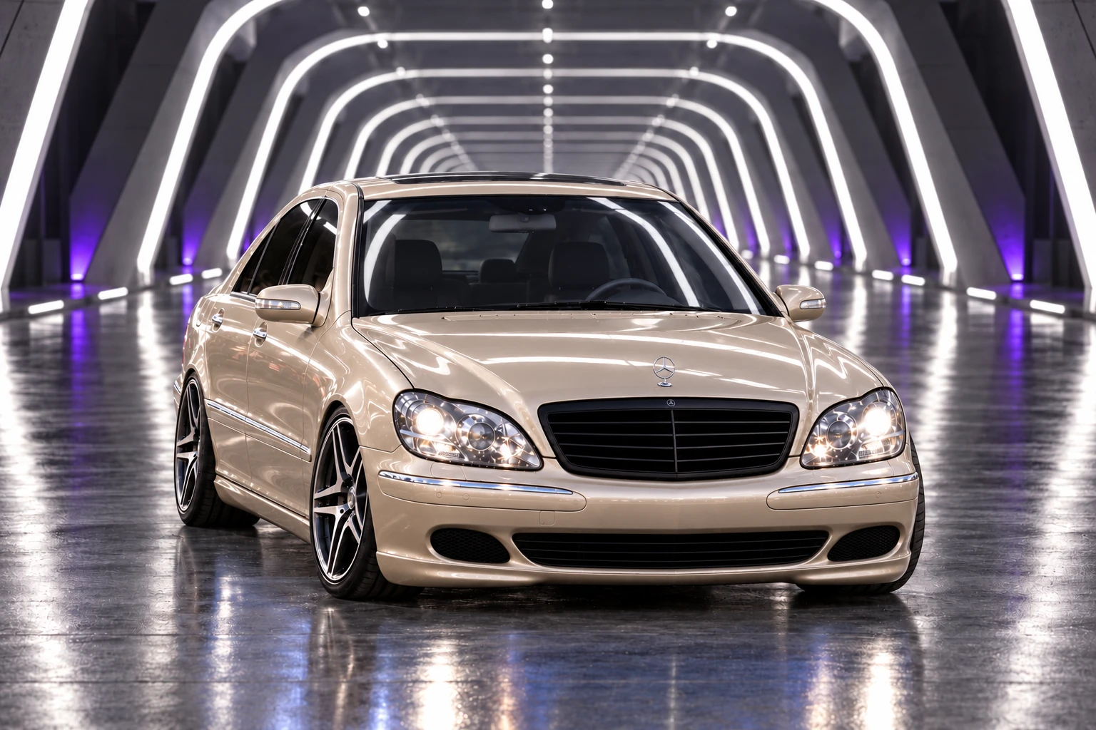 Champagne Mercedes in a Light Tunnel. Allison, the 2004 Mercedes-Benz S430.