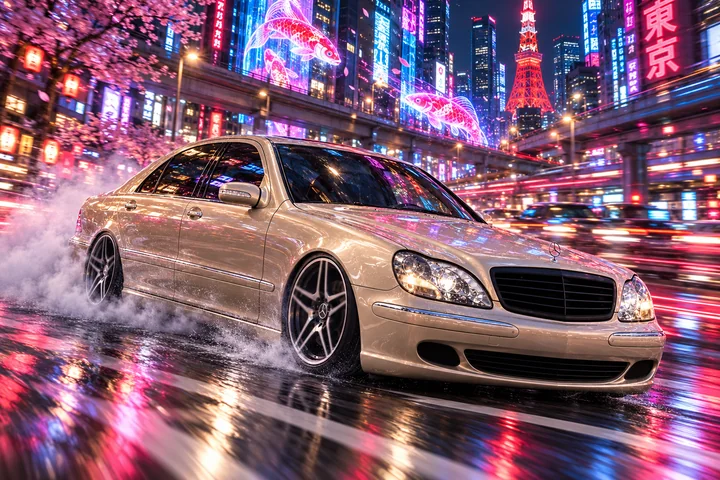 Champagne W220 Drifts Through Neon Tokyo.