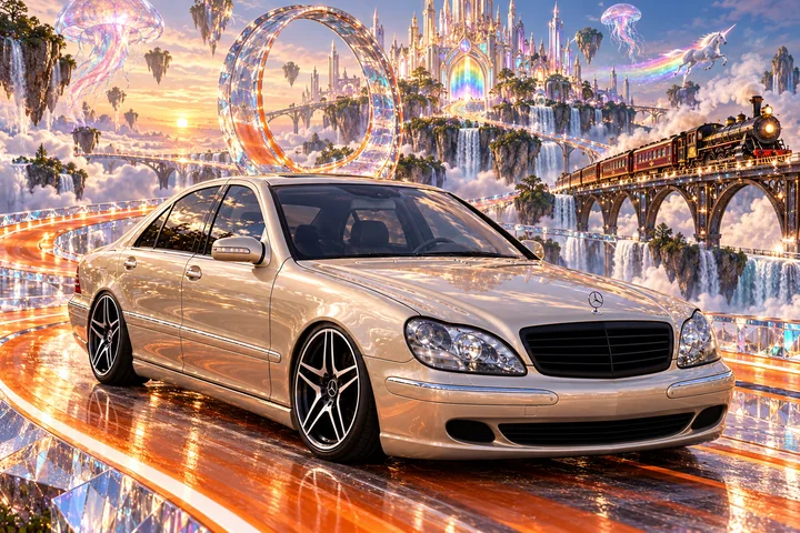 Champagne Mercedes on a Rainbow Track.