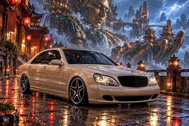 Rain-soaked Mercedes on a Brass Giant.
