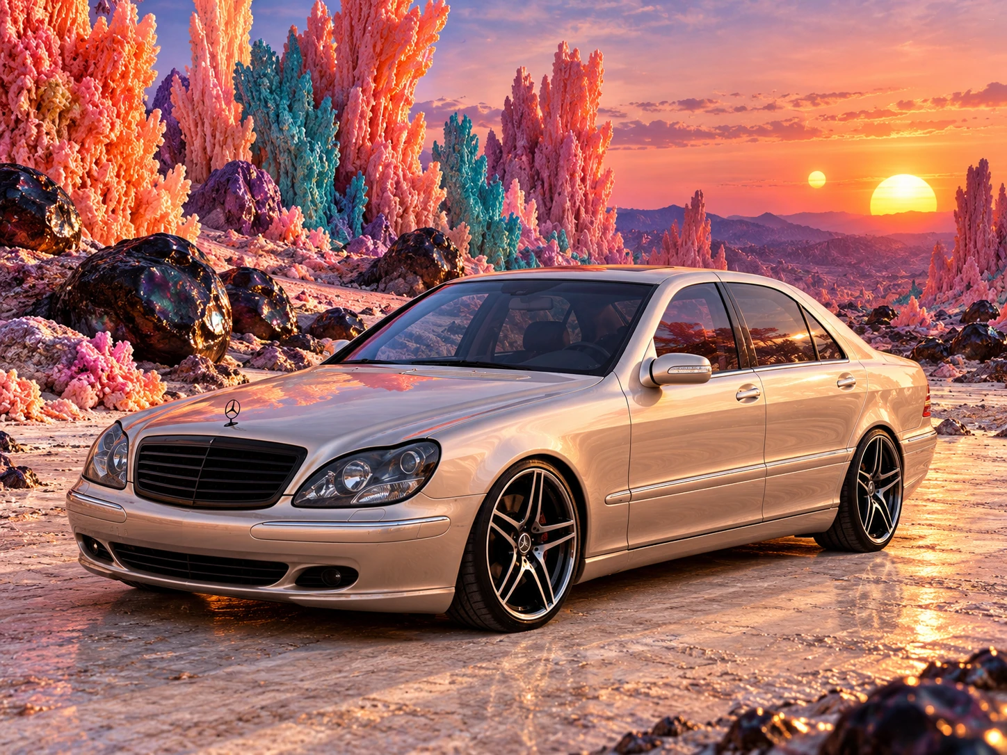 Front three-quarter view of Allison among luminous coral formations beneath a double sunset.