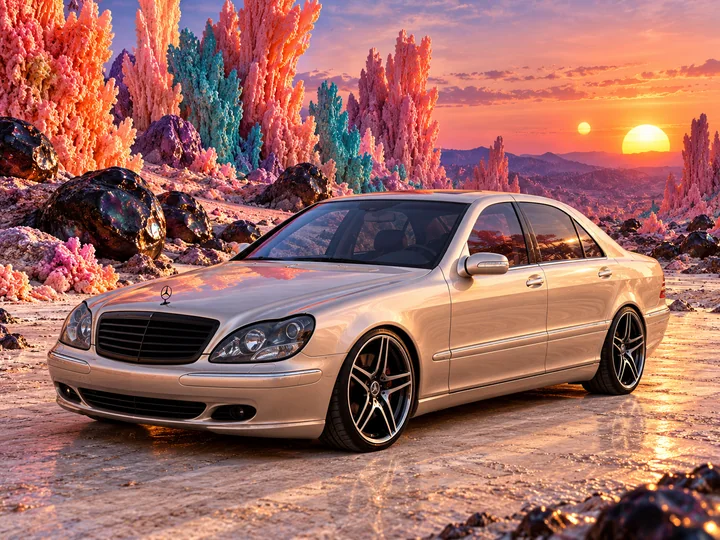 Front three-quarter view of Allison among luminous coral formations beneath a double sunset.