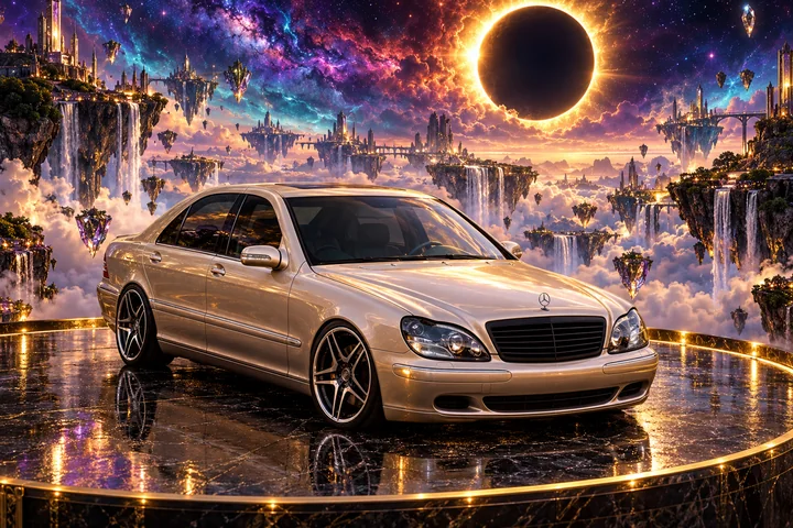 Front three-quarter view of Allison on a golden terrace beneath a solar eclipse and floating islands.