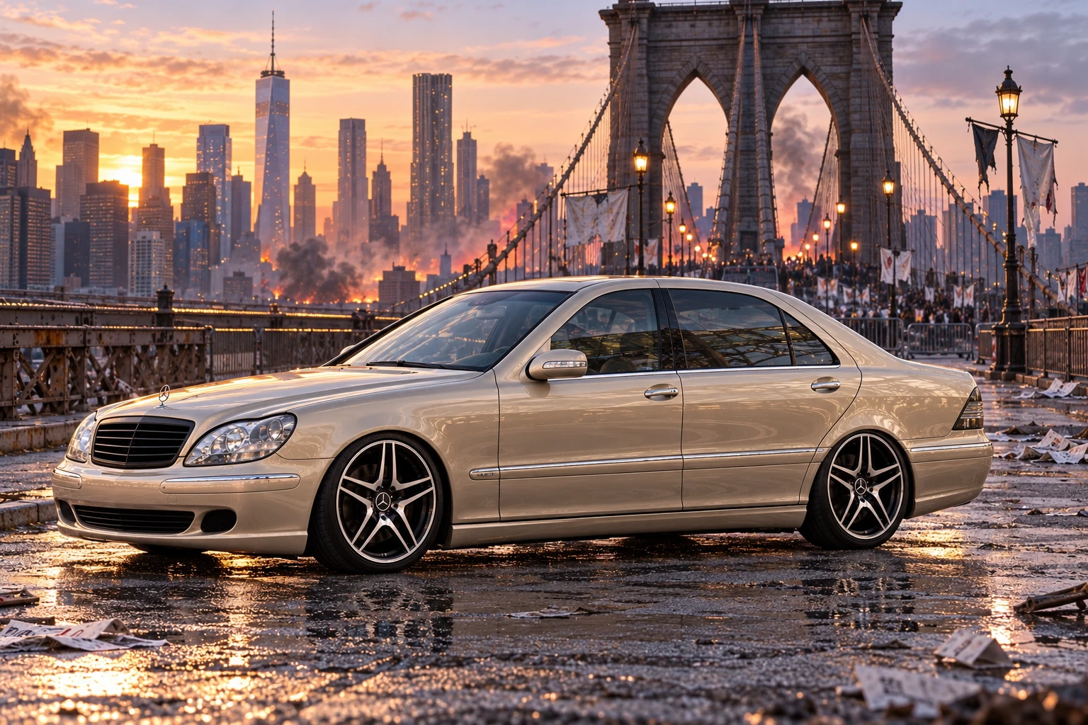 Champagne Mercedes beneath Brooklyn Bridge. Allison, the 2004 Mercedes-Benz S430.