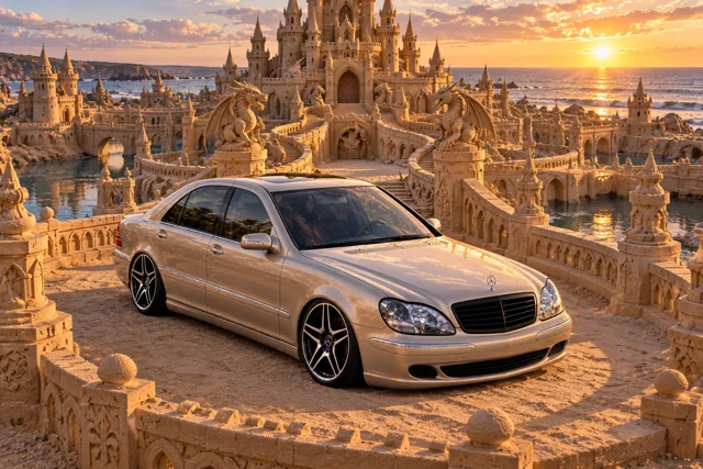 Champagne Mercedes in a Dragon Sandcastle.