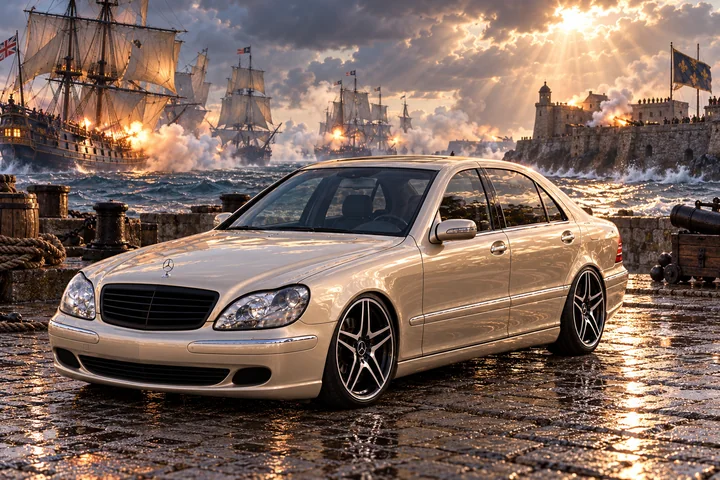 Champagne Mercedes at a Stormy Naval Harbor. Allison, the 2004 Mercedes-Benz S430.