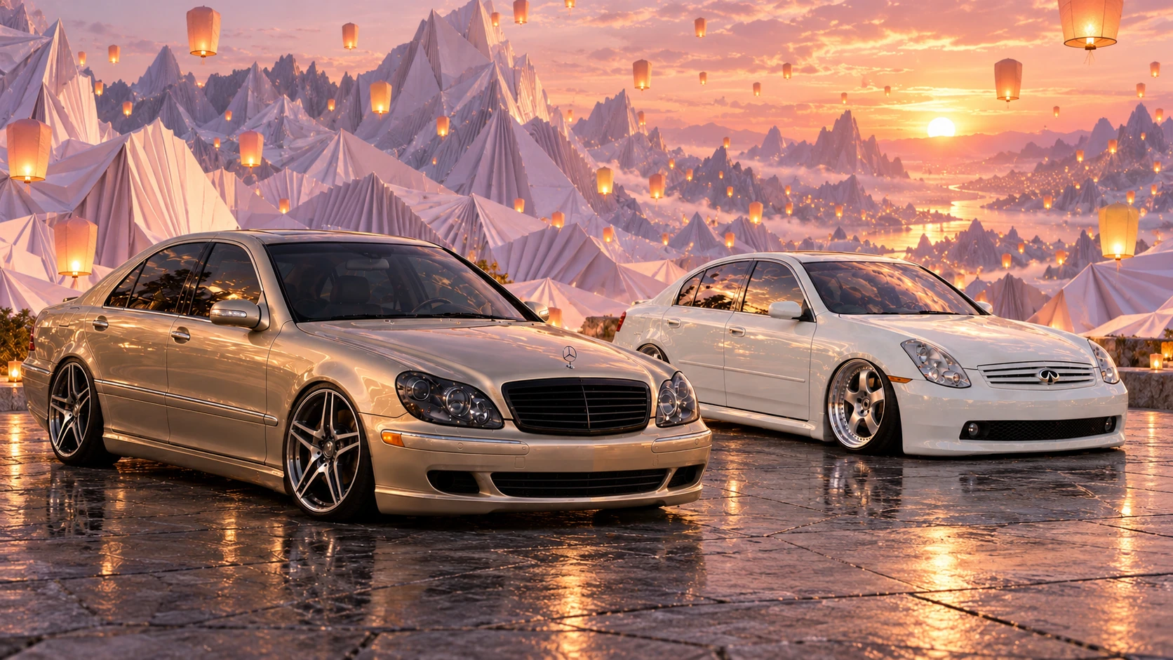 Both cars face forward in a mountain landscape of folded paper and floating lanterns.
