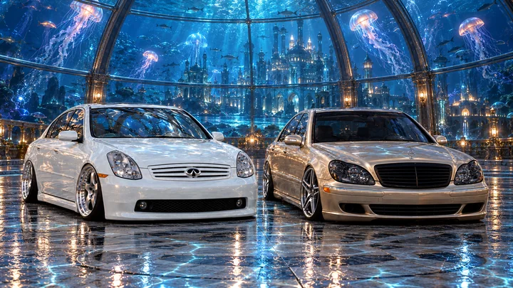 Both cars face forward inside an underwater dome illuminated by jellyfish.