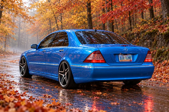 Blue Mercedes on a Misty Maple Road. Allison, the 2004 Mercedes-Benz S430 in a paint-color concept.