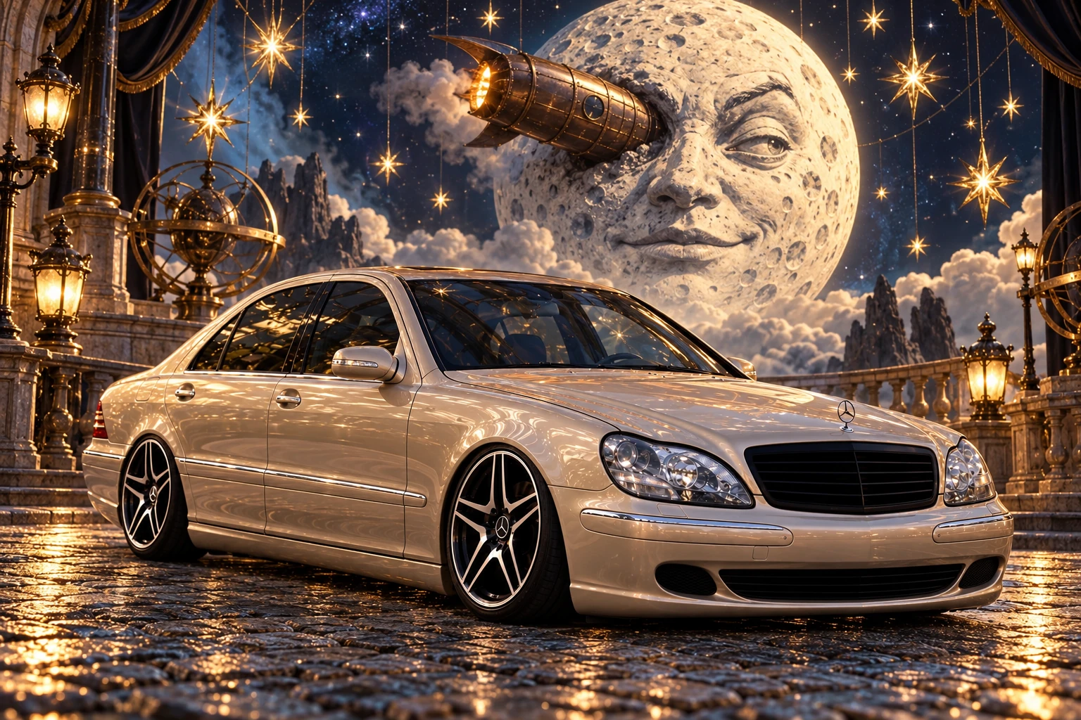 Rocket-Eyed Moon Over a Champagne Mercedes.