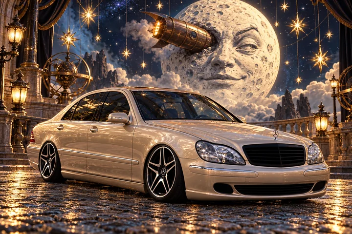 Rocket-Eyed Moon Over a Champagne Mercedes.