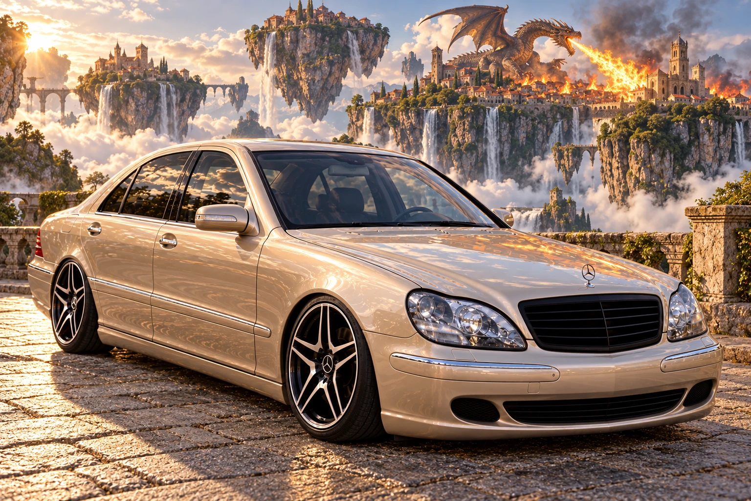 Champagne Mercedes on the dragon’s floating causeway. Allison, the 2004 Mercedes-Benz S430.