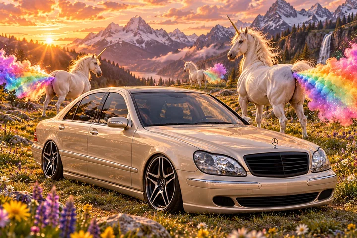 Champagne Mercedes in a Rainbow Unicorn Meadow.