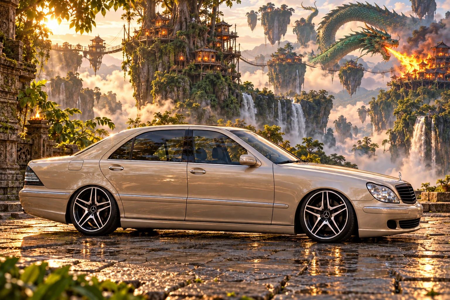 Champagne Sedan Amid Floating Jungle Villages. Allison, the 2004 Mercedes-Benz S430.