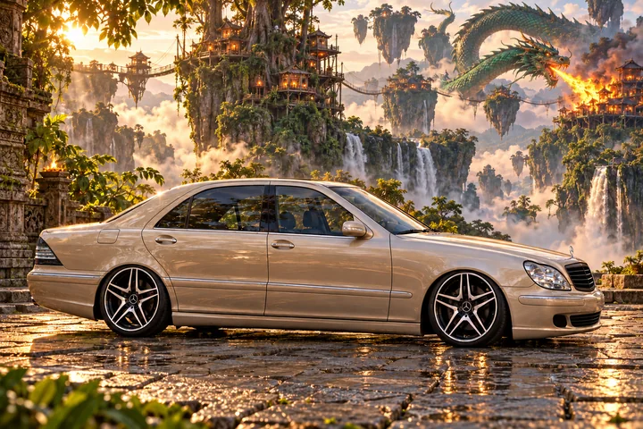 Champagne Sedan Amid Floating Jungle Villages. Allison, the 2004 Mercedes-Benz S430.