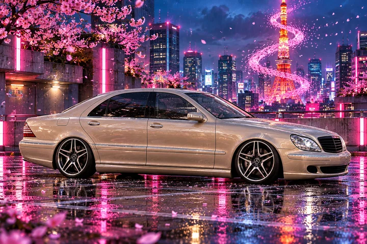 Champagne Mercedes beneath Tokyo’s pink petal spiral.