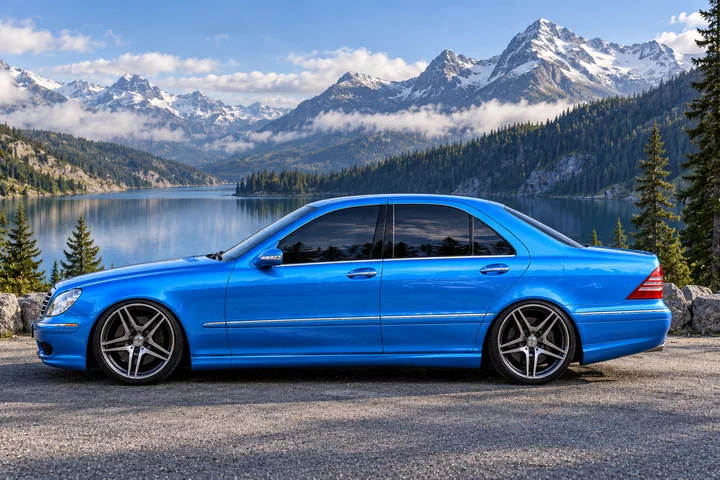Azure Mercedes Sedan by Alpine Lake. Allison, the 2004 Mercedes-Benz S430 in a paint-color concept.