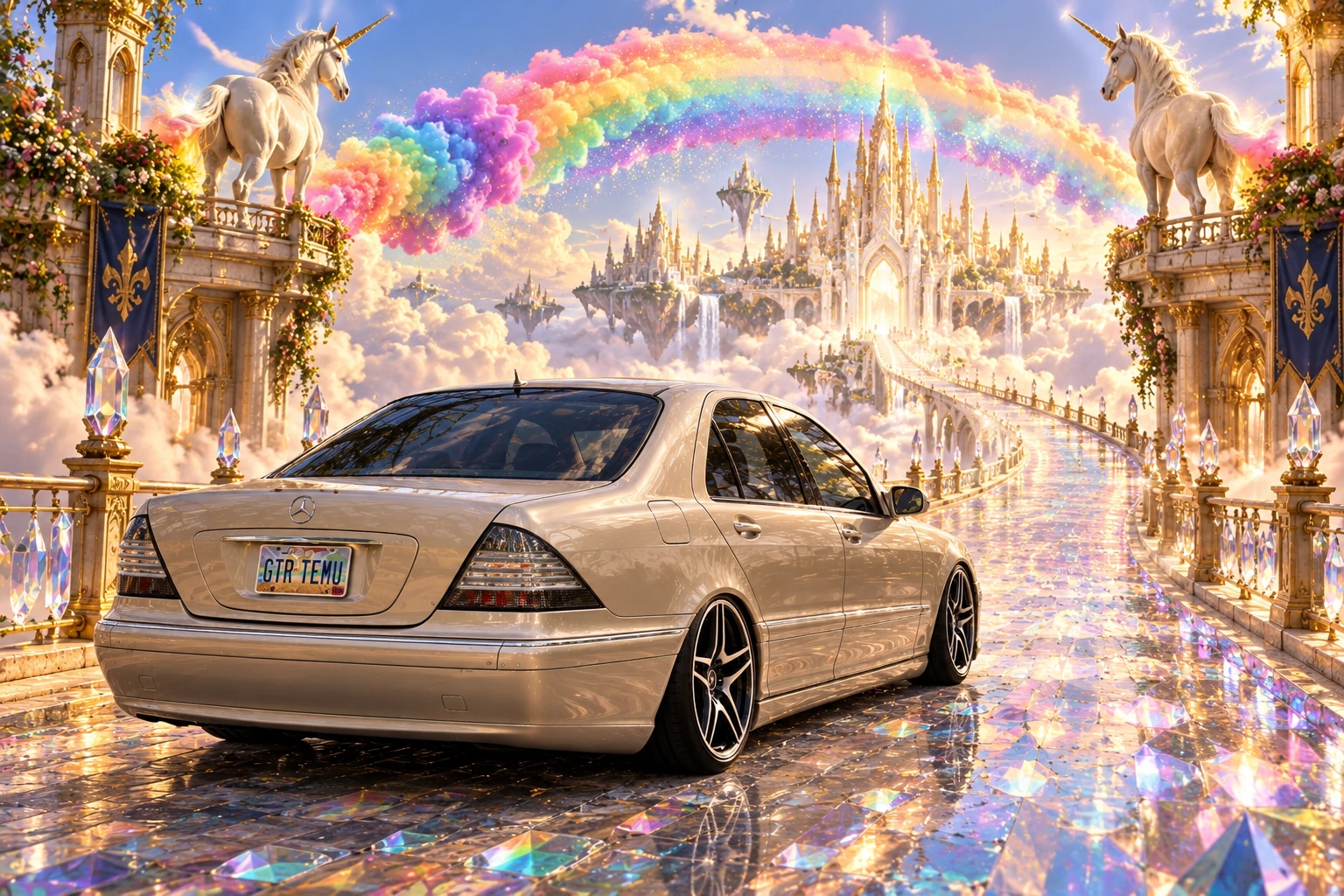 Champagne S-Class Crosses a Rainbow Crystal Bridge.