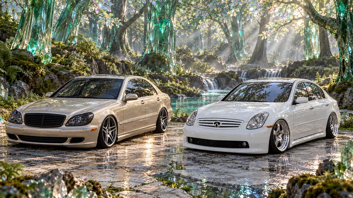 Both cars face forward in an emerald glass forest with a reflective stream.
