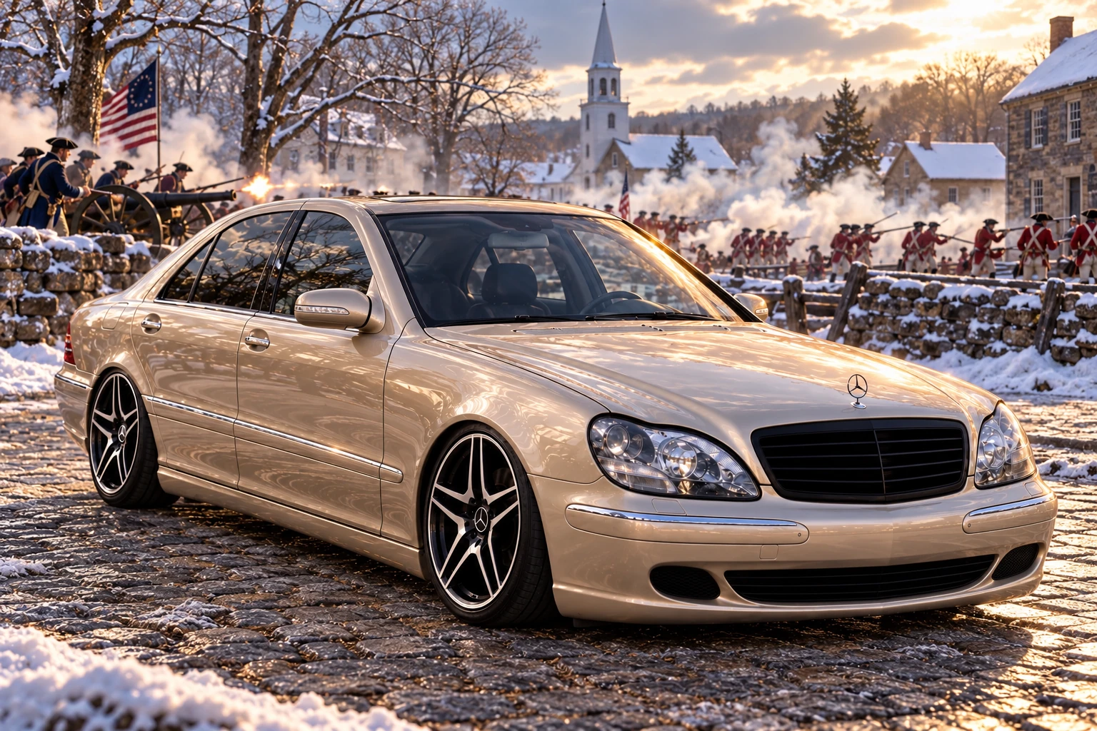 Champagne Mercedes at a snowy crossroads. Allison, the 2004 Mercedes-Benz S430.